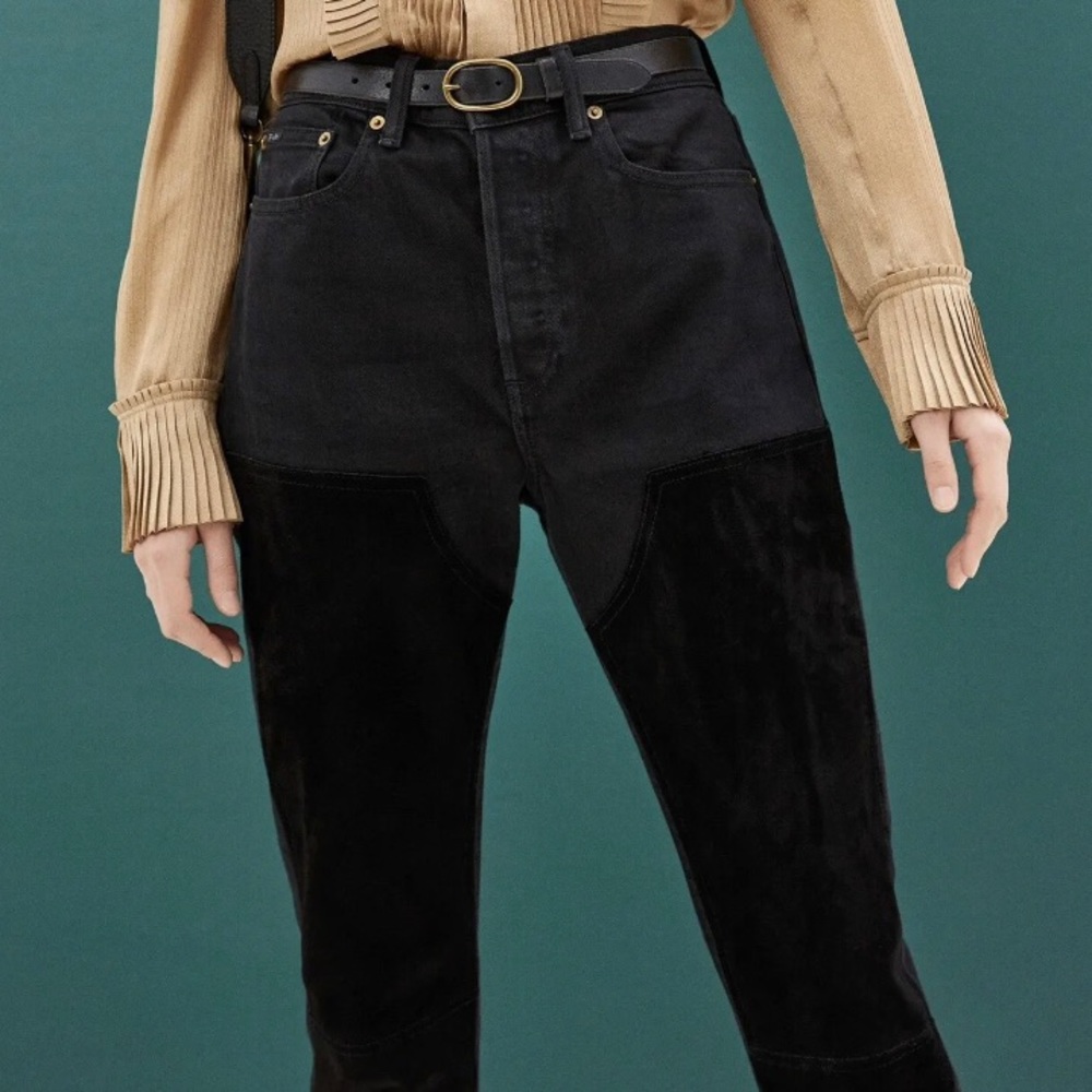 POLO RALPH LAUREN THE CALLEN HIGH RISE SLIM SUEDE CHAPS BLACK JEANS SIZE 26 $598